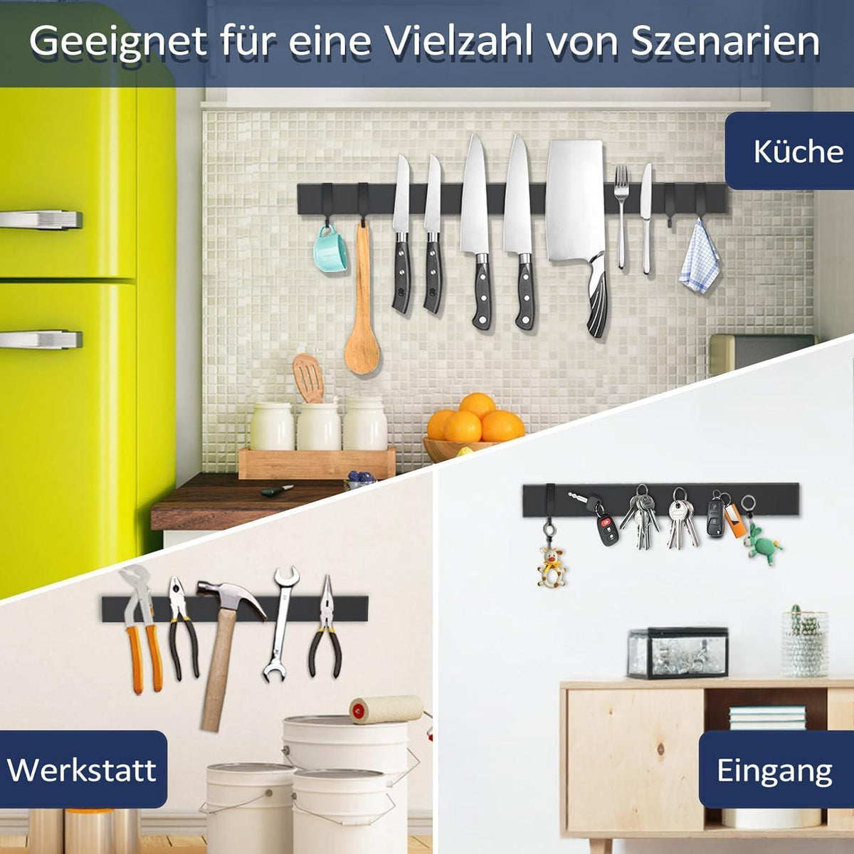 Magnetleiste Messer 59 cm Schwarz Magnetisch mit 4 Haken inkl. Klebeband und Schrauben
