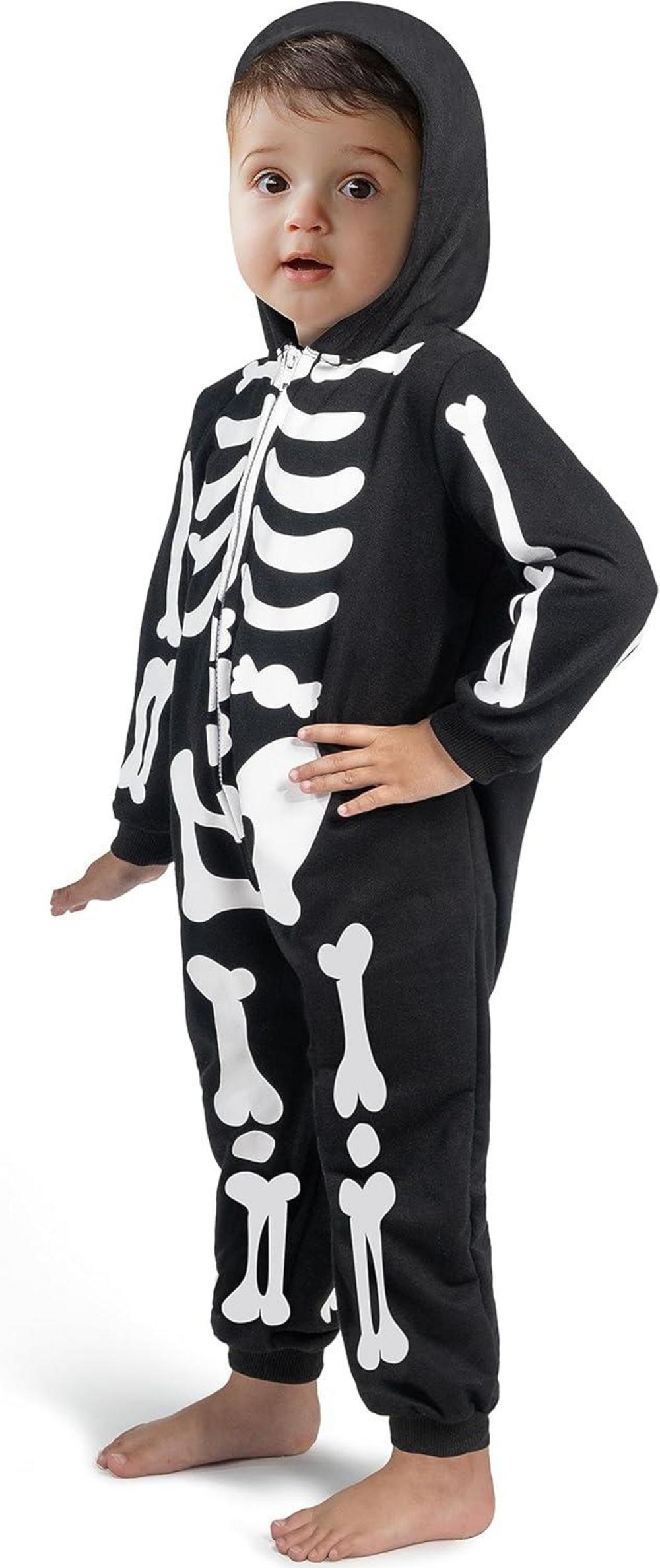 Unisex Skelett Jumpsuit Pyjama Schwarz mit Kapuze Halloween Cosplay Kostüm 18-24 Monate