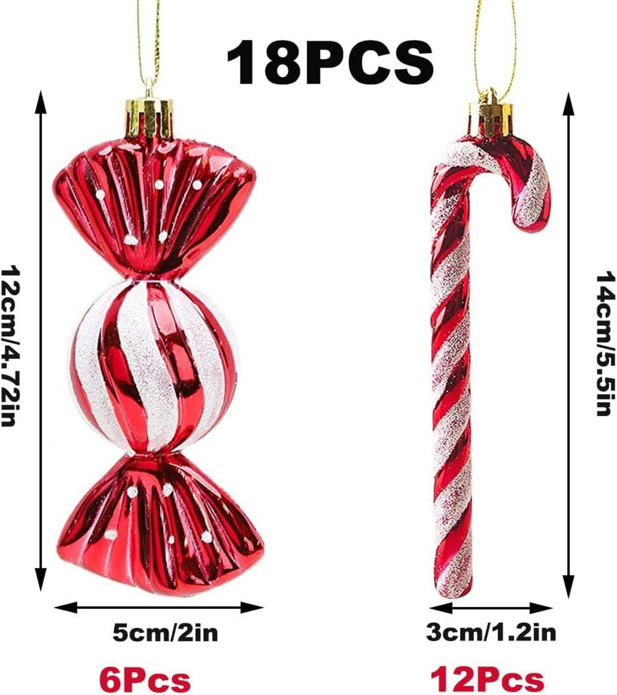 18 Stück Zuckerstangen Weihnachtskugeln Set Glitzer
