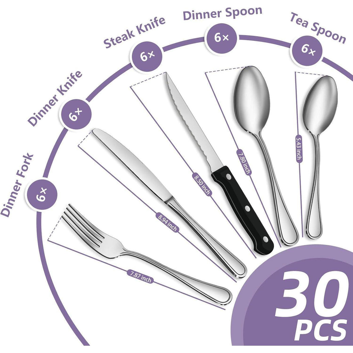 30-teiliges Besteckset für 6 Personen, Edelstahl, spülmaschinenfest