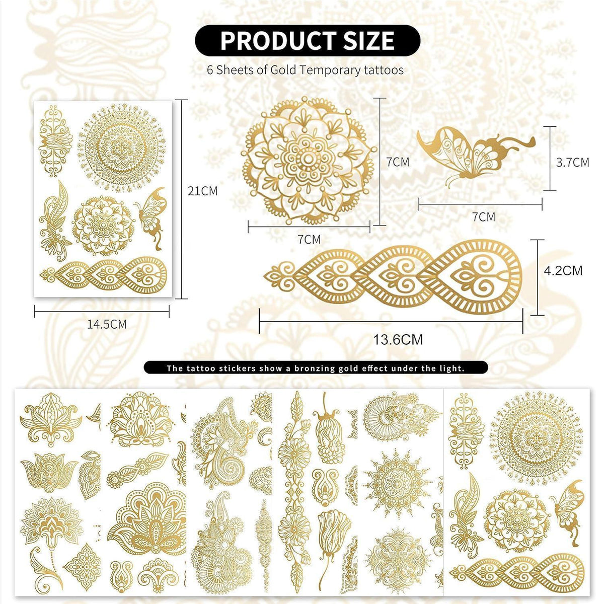 Goldene Metallic Tattoos – 6 große Blätter | Festival & Party