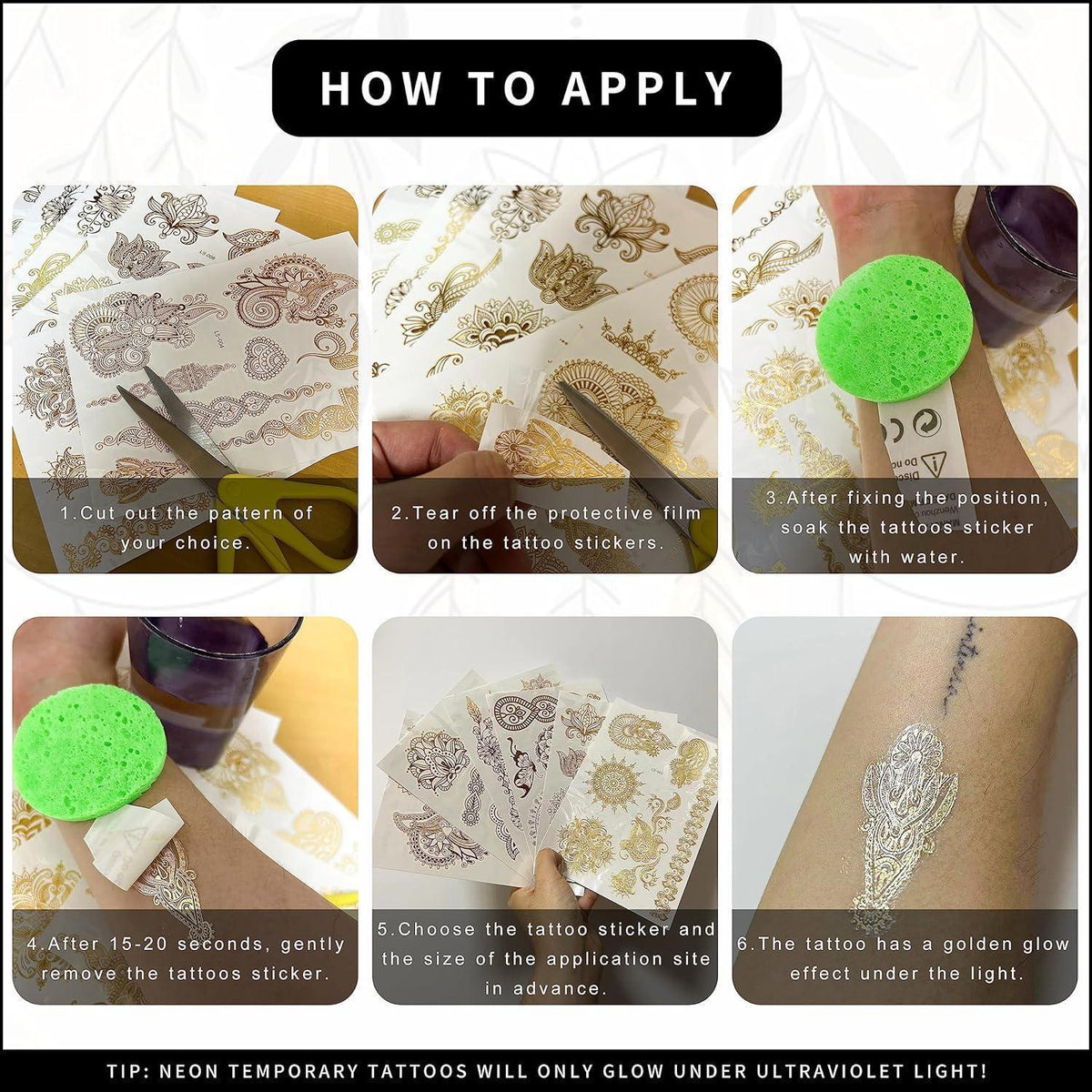 Goldene Metallic Tattoos – 6 große Blätter | Festival & Party