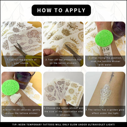 Goldene Metallic Tattoos – 6 große Blätter | Festival & Party