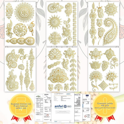 Goldene Metallic Tattoos – 6 große Blätter | Festival & Party