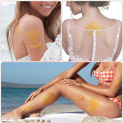 Goldene Metallic Tattoos – 6 große Blätter | Festival & Party