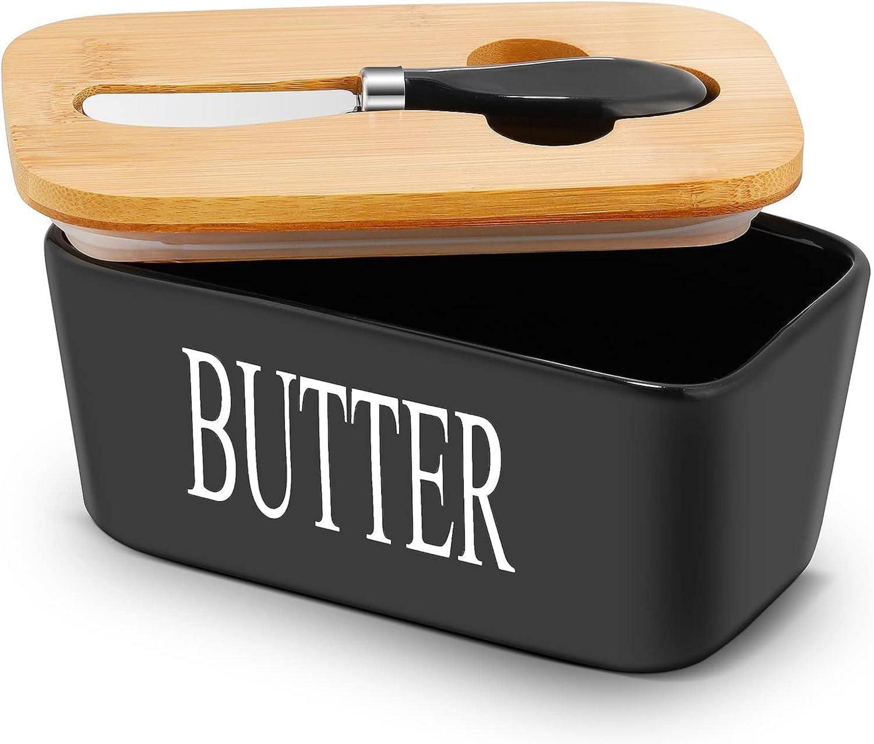 Keramische Butterdose Emaille Holzdeckel Silikon-Dichtlippe