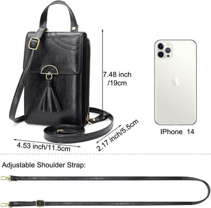 Damen PU Leder Handy Umhängetasche Crossbody Tasche mit Kartenfächer - Schwarz