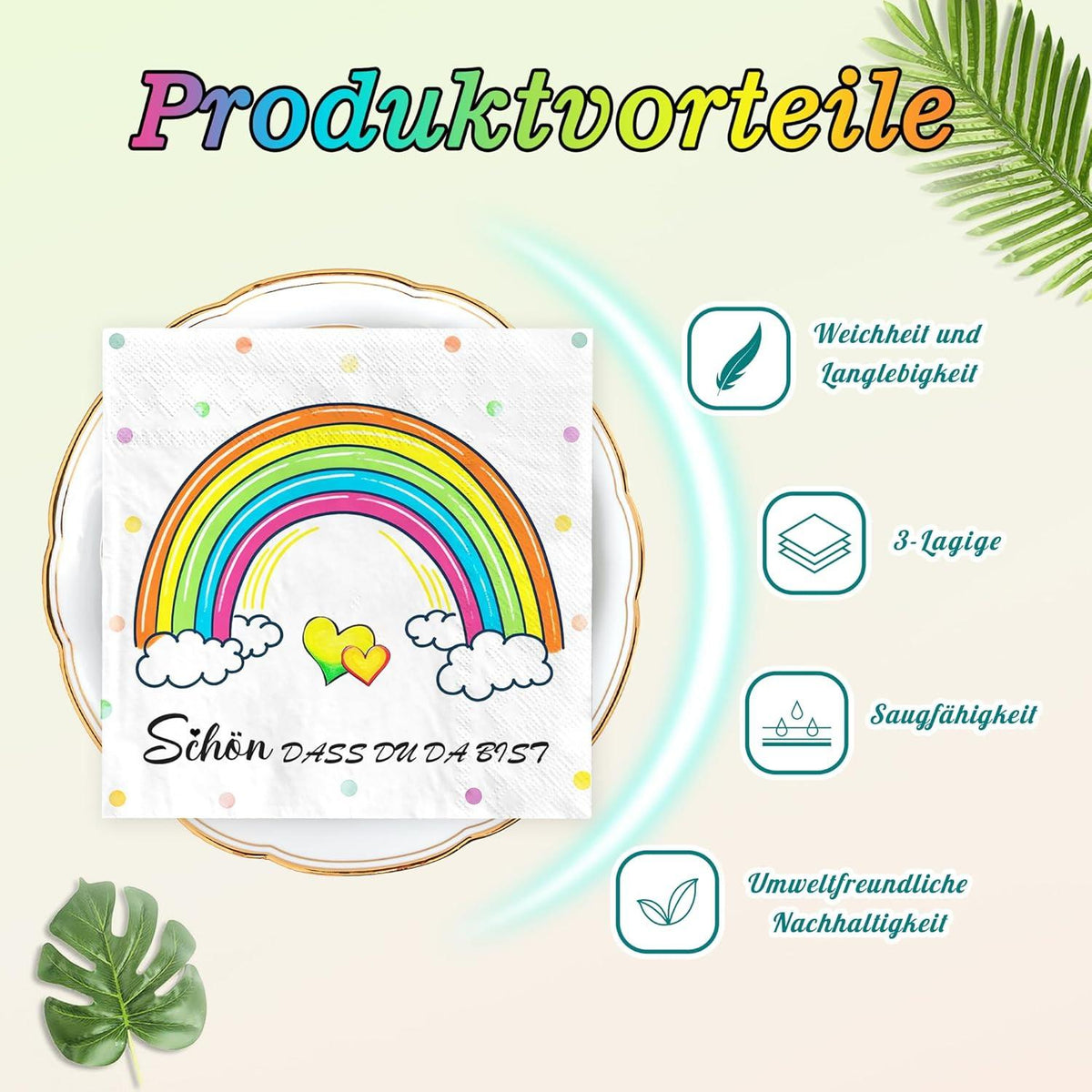 Regenbogen Servietten Kindergeburtstag 100Stück 3-Lagig 33x33cm