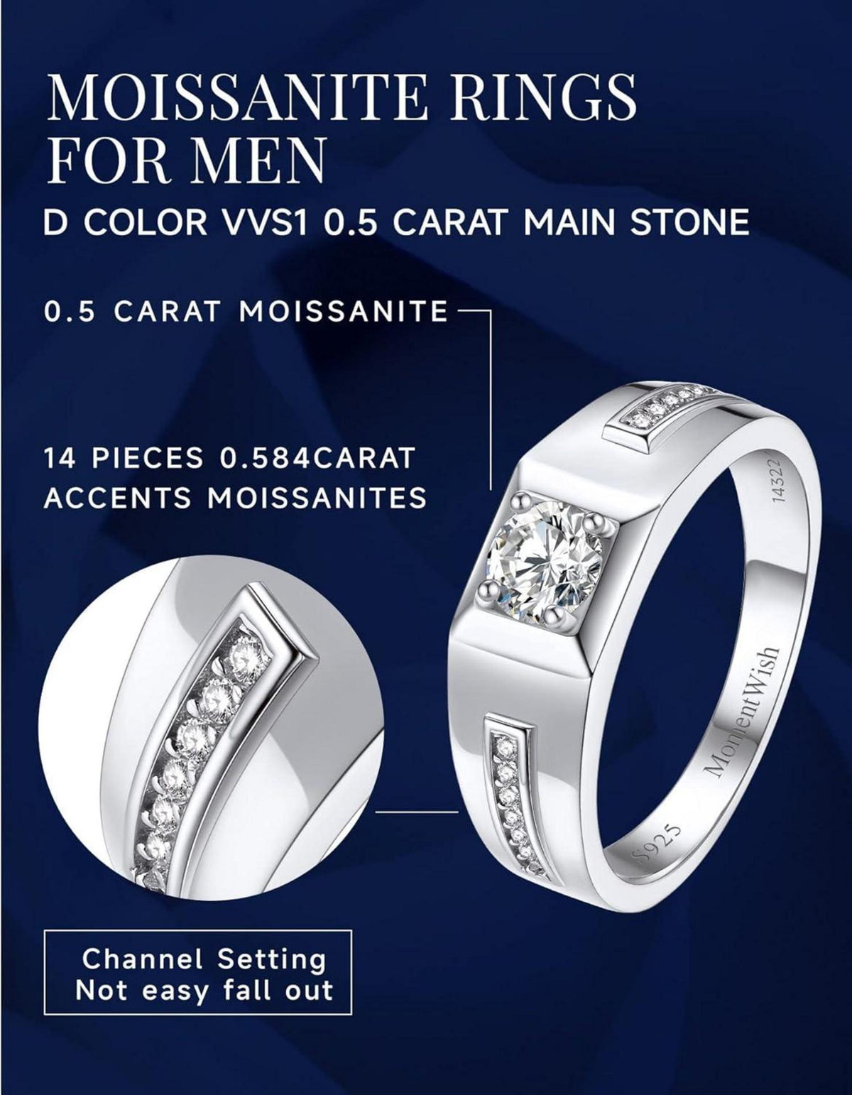 Moissanit Herren Verlobungsring 0,5 Karat 925 Silber Geschenkbox