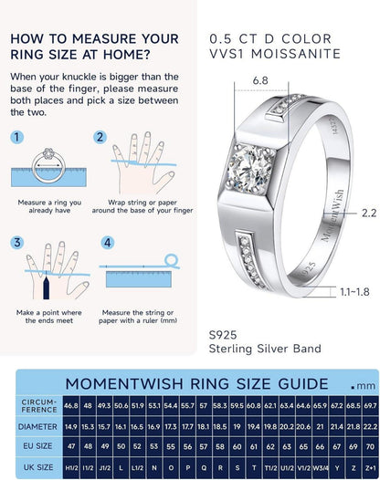 Verlobungsring Herren 0,5 Karat Moissainte 925 Silber Hochzeitsring Jahrestag Geschenk