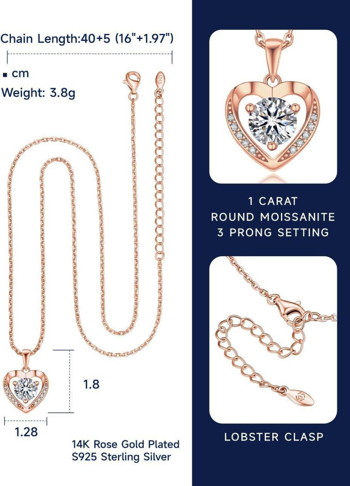 MomentWish Halskette Damen Silber 925 - 1 Karat Moissanite Herzanhänger Rosegold-Geschenkbox