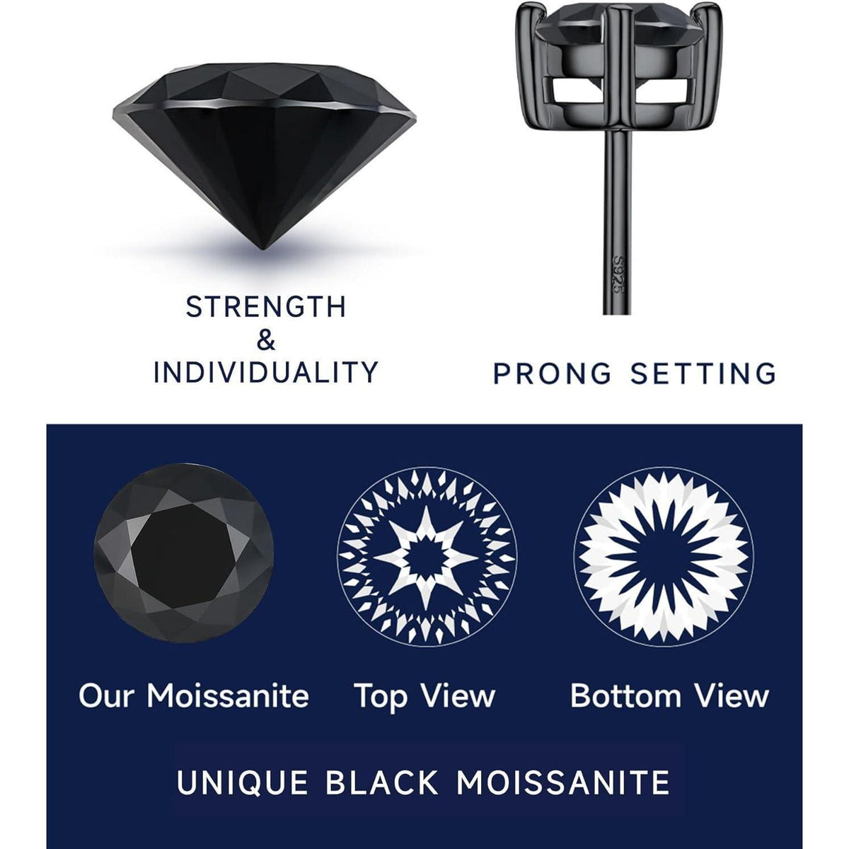 Schwarze Moissanite Ohrstecker 2 Karat 925 Sterling Silber Geschenk