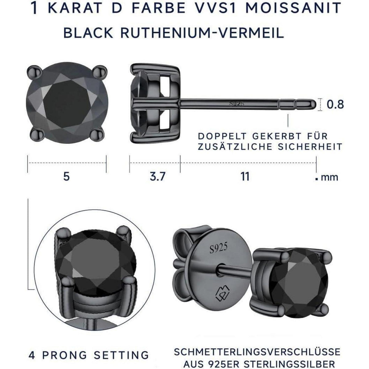 Schwarze Moissanite Ohrstecker 2 Karat 925 Sterling Silber Geschenk