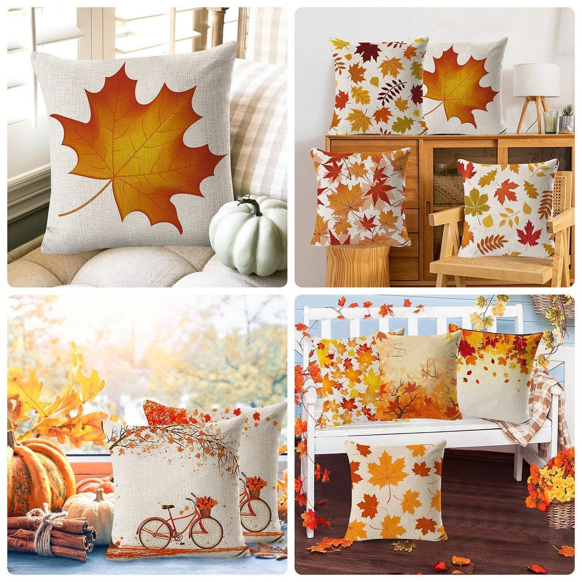 Herbst Kissenbezüge 4er Set Ahornblatt Leinen 45x45 cm