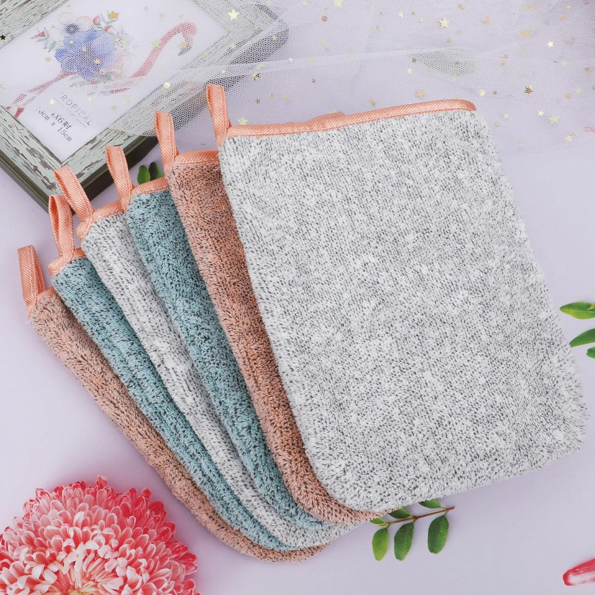 6er Set Mikrofaser Waschhandschuhe 15x21cm in Grün Rosa Grau