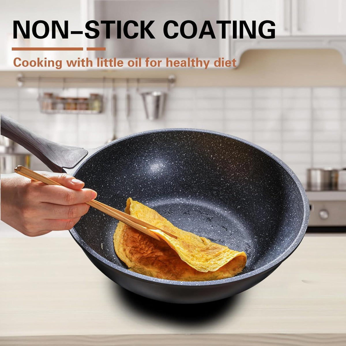 Antihaft Induktions-Wok: 30 cm, Steinoptik, Deckel, PFOA-frei