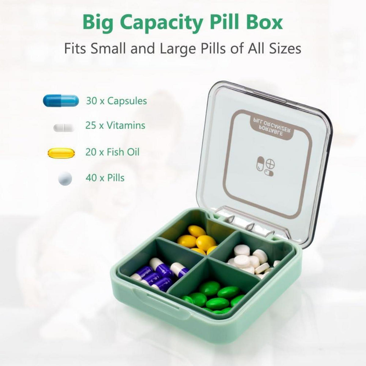 Pillendose 7 Tage Tablettenbox, 4 Fächer, Medikamentenbox BPA Frei - Grün