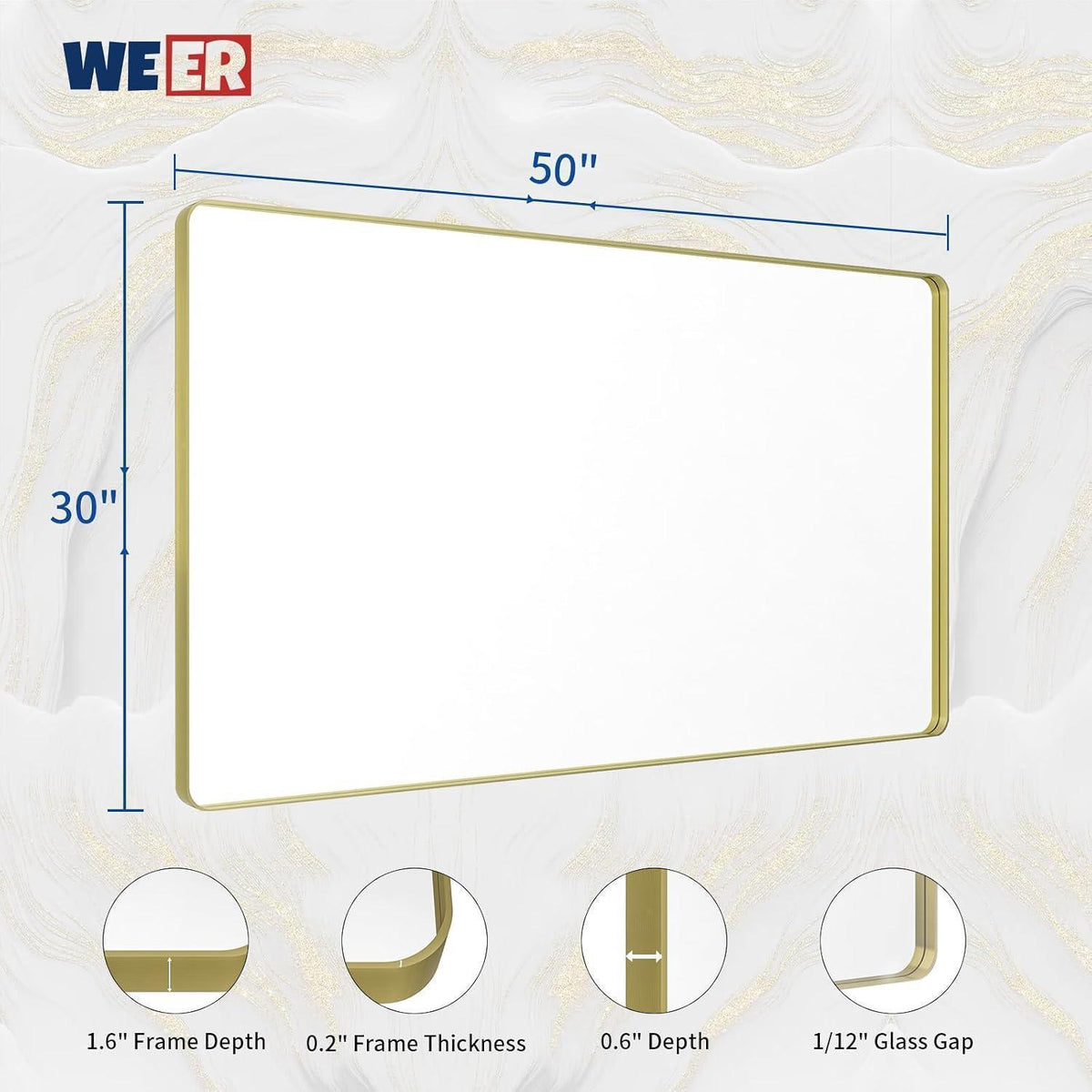 Goldfarbener Badezimmerspiegel mit Metallrahmen, 127x76 cm