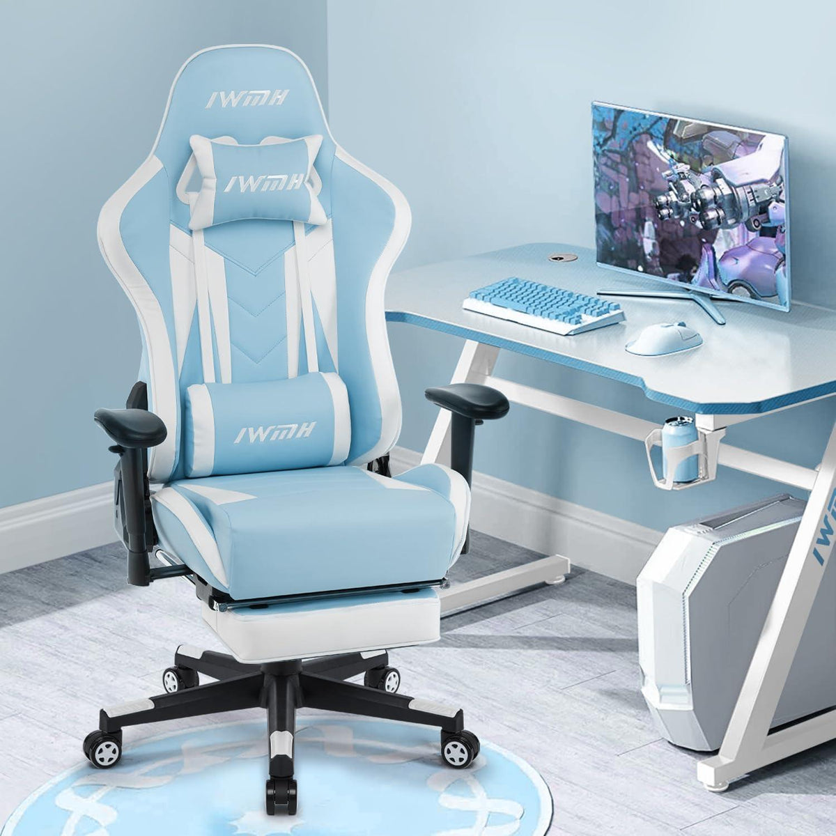 Ergonomischer Gamer Stuhl mit Fußstütze und Lendenstütze