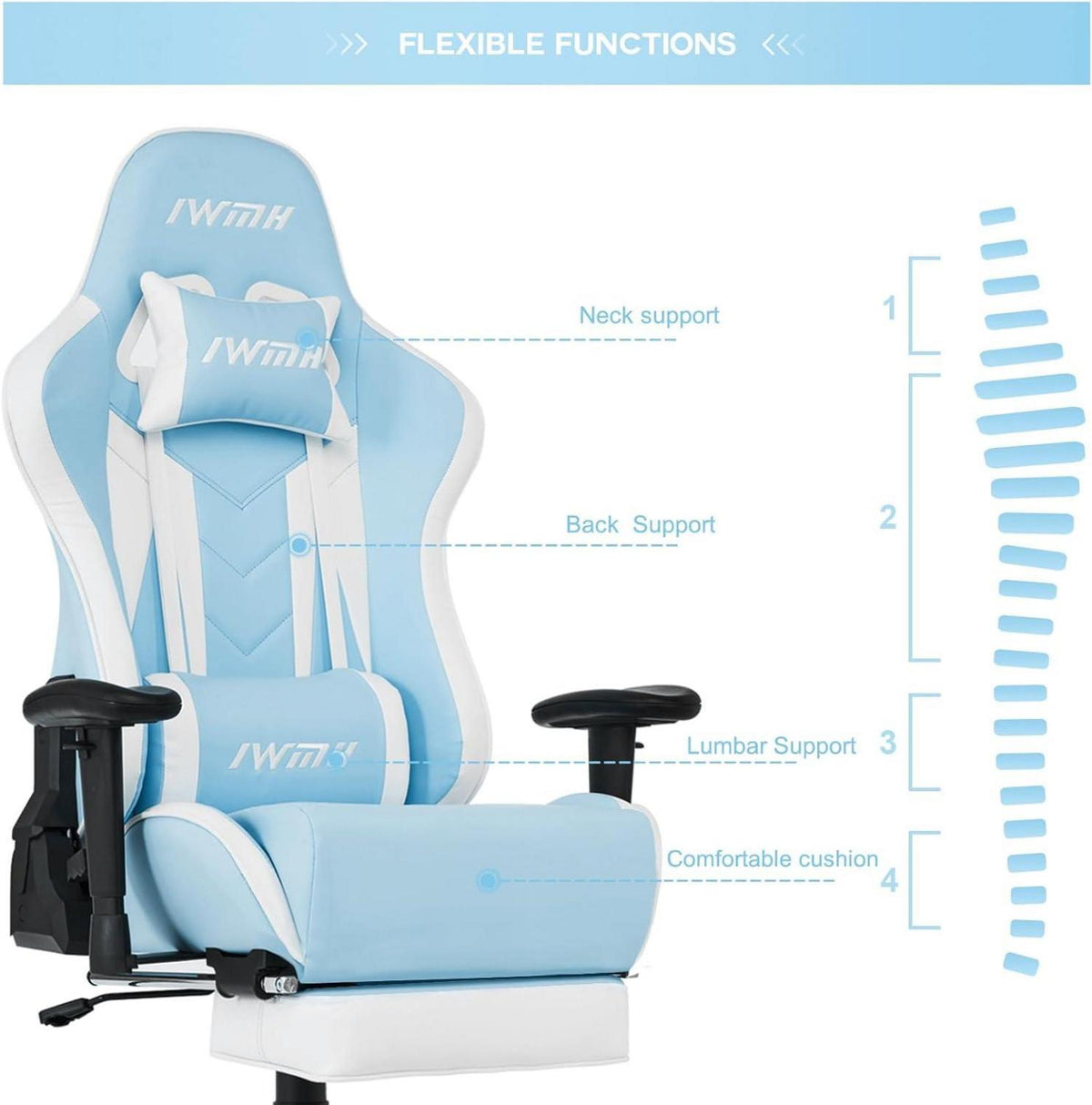 Ergonomischer Gaming Stuhl mit Fußstütze und Lendenstütze in Hellblau
