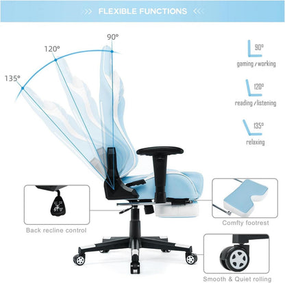 Gaming Stuhl Ergonomischer Bürostuhl mit Fußstütze hellblau