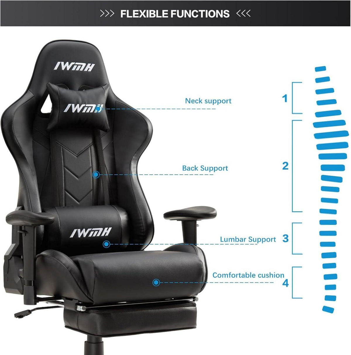 IntimaTe WM Heart Gaming Stuhl mit Fußstütze und verstellbarer Kopfstütze, Schwarz
