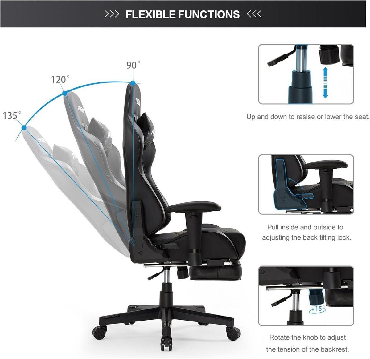 Ergonomischer Gaming Stuhl mit Fußstütze und verstellbarer Kopfstütze