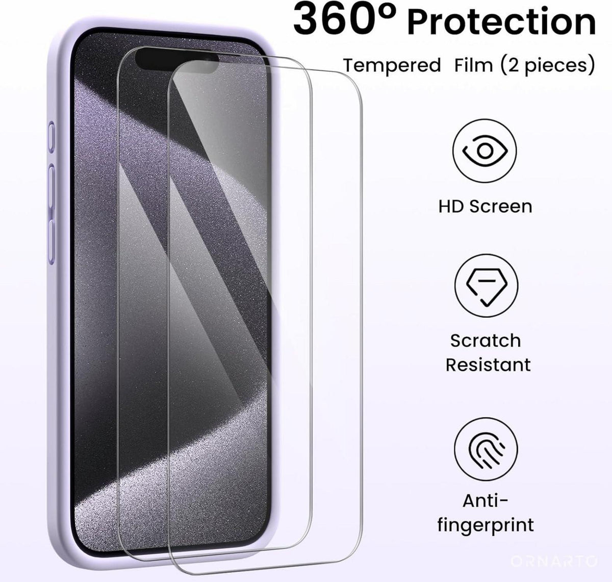 ORNARTO iPhone 15 Pro Hülle mit Kameraschutz, 2 Schutzfolien, flüssigem Silikon