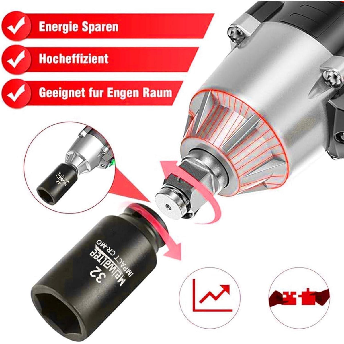 1" Schlagschrauber Nüsse Set, 90MM Tief, 10-teilig, Metrisch 22-50MM