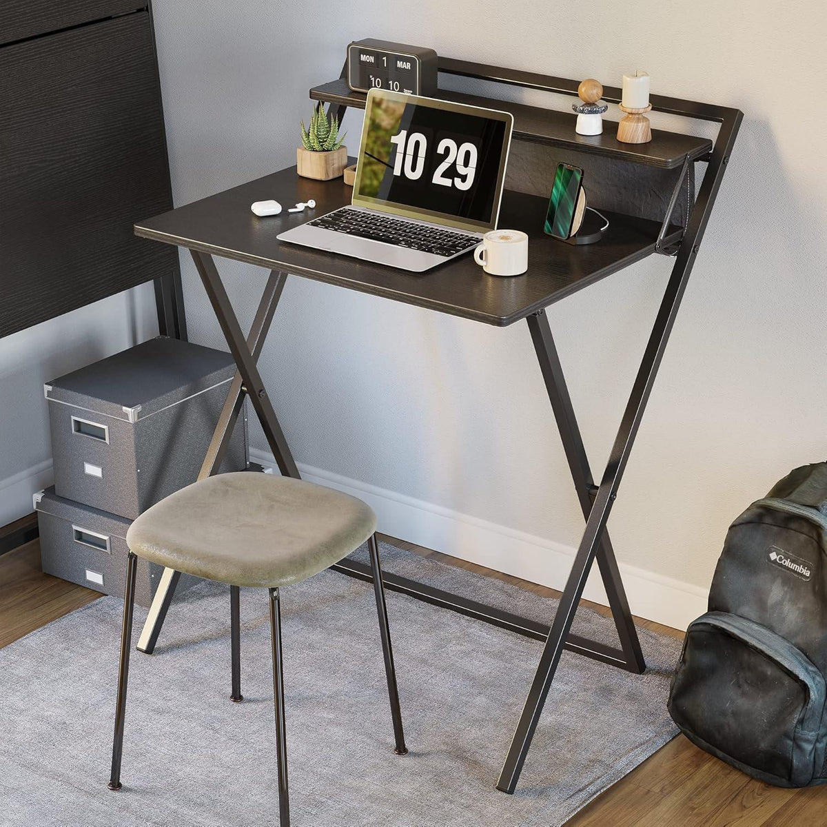 Kleiner klappbarer Schreibtisch mit Regal, schwarz 70x60cm
