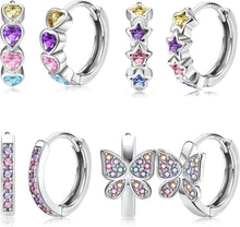 Zirkon Creolen Set 925 Silber Kinder Herz Schmetterling Blumen Bunt