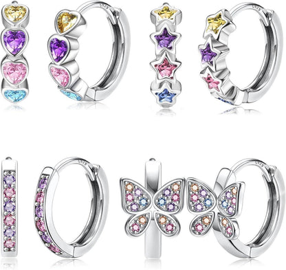 Zirkon Creolen Set 925 Silber Kinder Herz Schmetterling Blumen Bunt