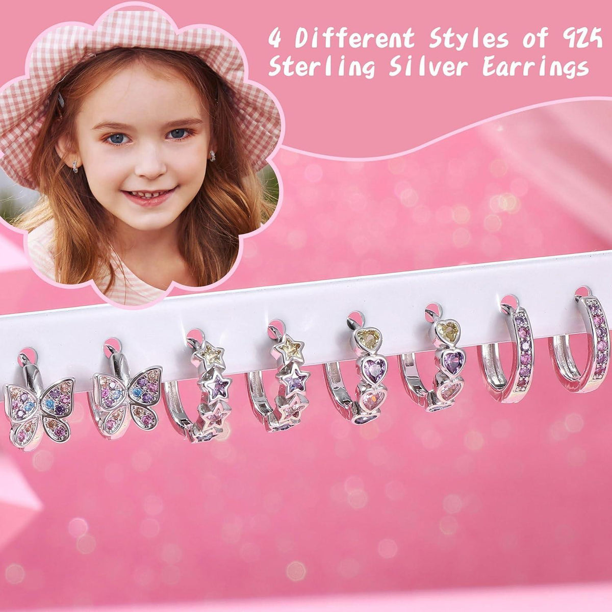 Kleine Creolen Ohrringe Set Mädchen 925 Silber Zirkonia Hypoallergen Blumen Schmetterling Herz Kinder Pink Lila Blau Bunt