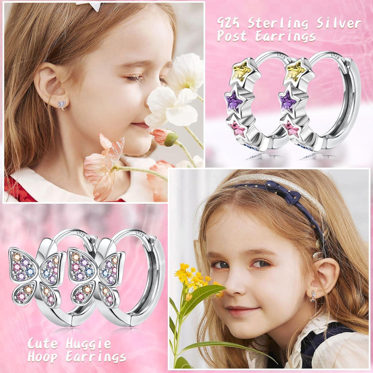 Kleine Silber Creolen Set Zirkonia Herz Blumen Mädchen 925 4 Paar