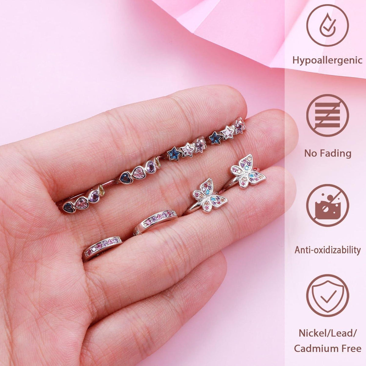 Kleine Silber Creolen Set Zirkonia Herz Blumen Mädchen 925 4 Paar