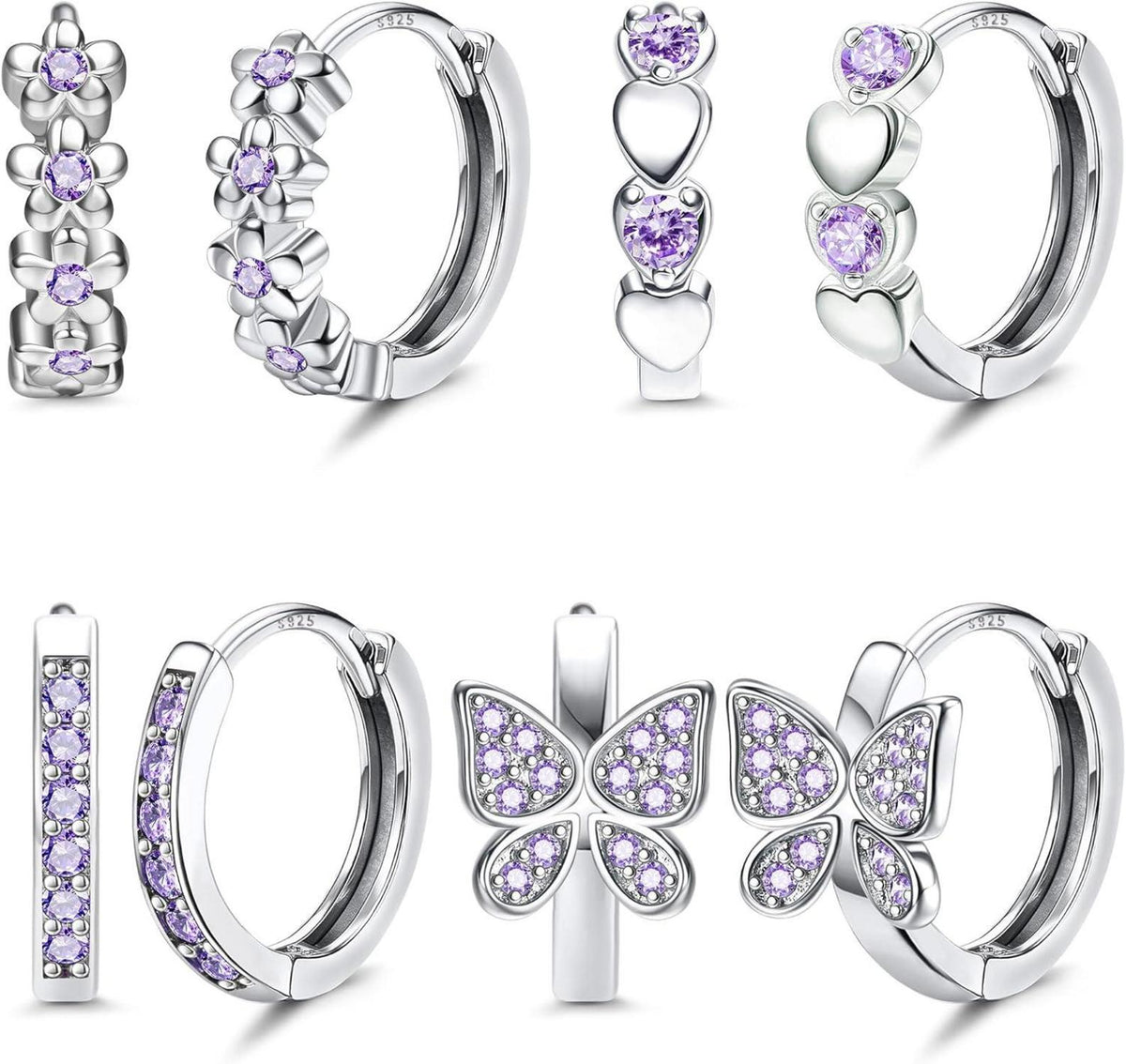 Zirkonia Creolen Ohrringe Set Mädchen Herz Schmetterling Blumen