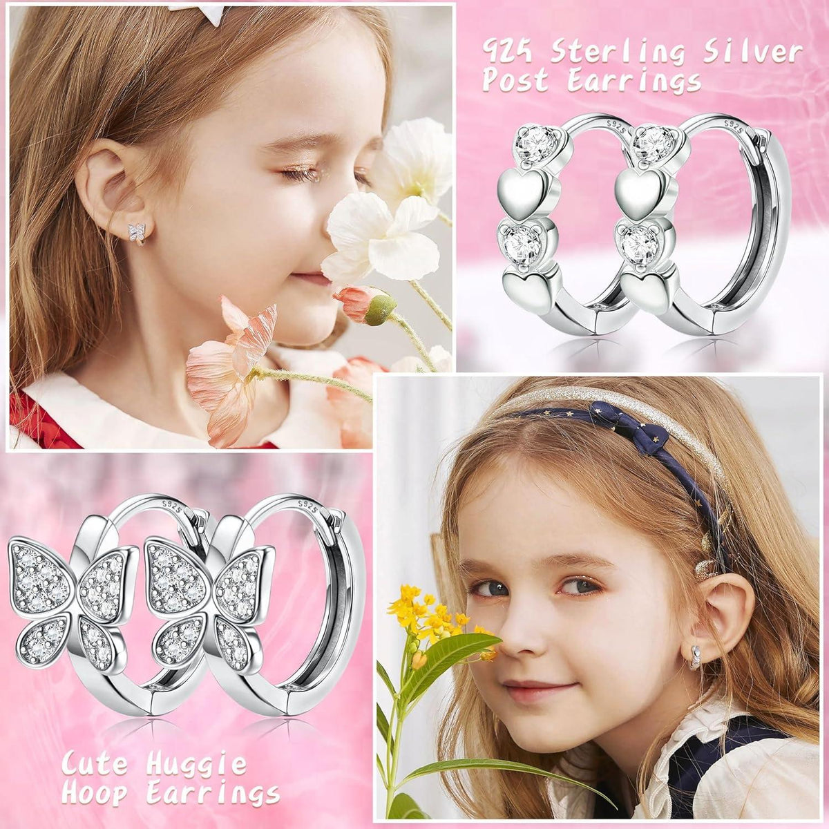 4 Paar Silber 925 Mädchen Kinder Creolen Set Zirkonia Hypoallergen