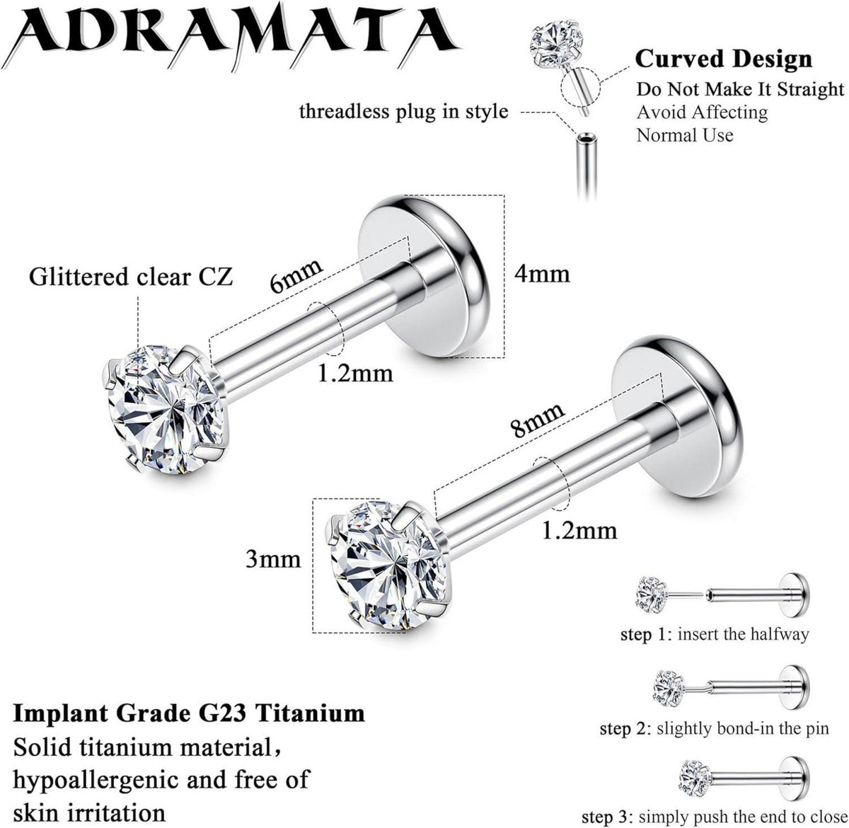 Titan Lippenpiercing Set CZ Opal Ohr Nasenpiercing 16G 20G
