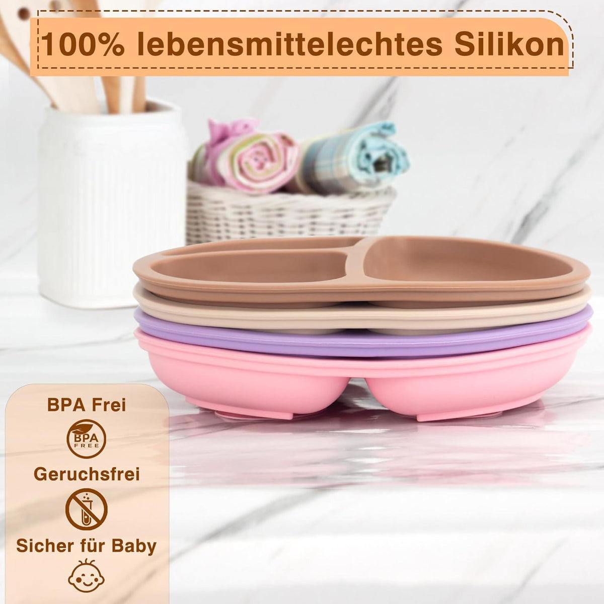 Kinderteller mit Saugnapf aus BPA-freiem Silikon für Kleinkinder - 2er Set