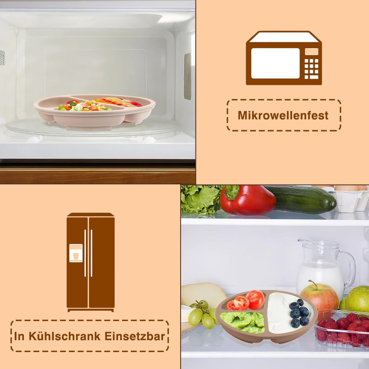 Kinderteller mit Saugnapf und dreifacher Esszone in Walnuss Beige