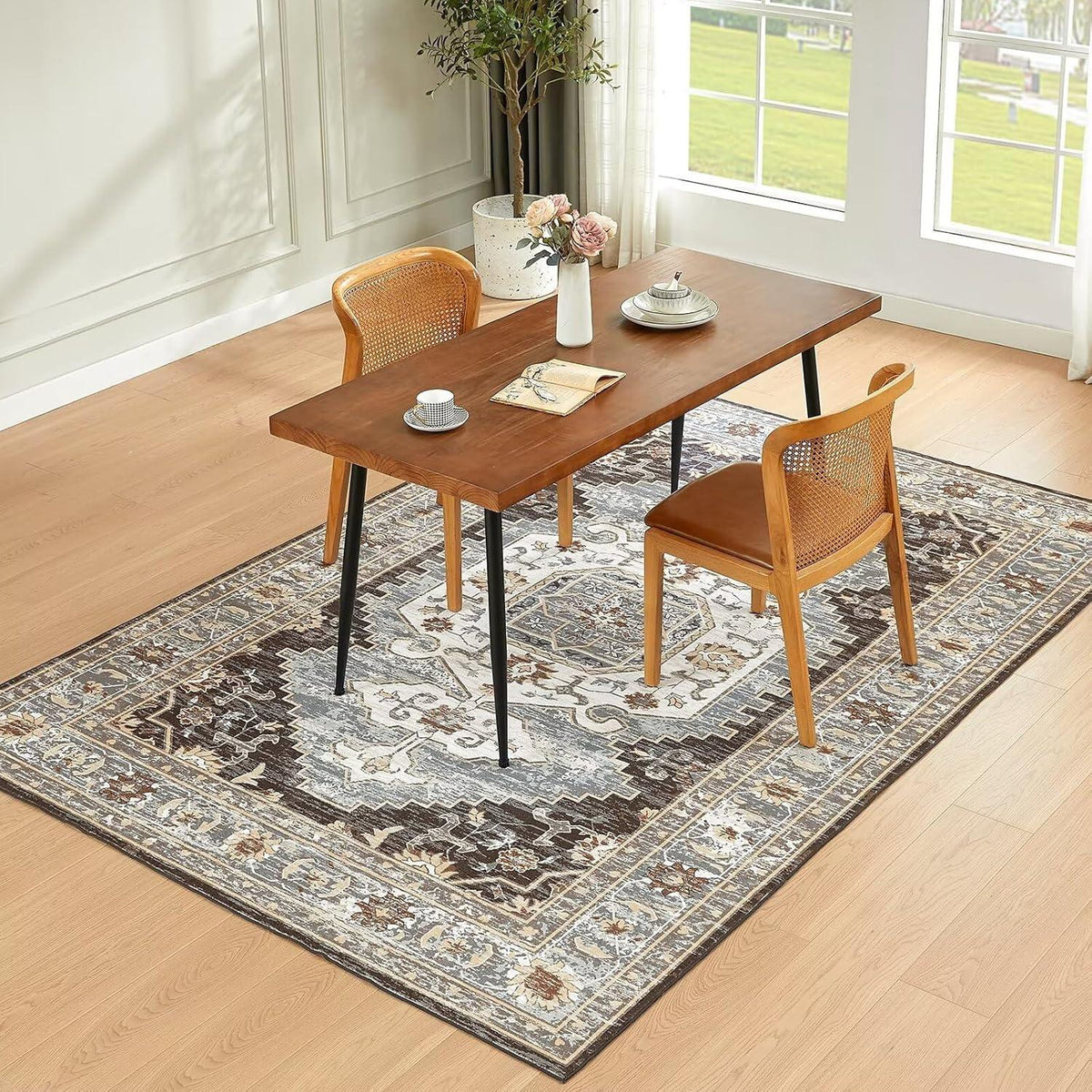 Waschbarer Teppich Wohnzimmer Vintage Kurzflor Braun 80x150CM