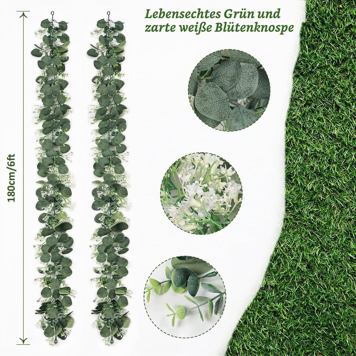 2x Eukalyptus Girlande mit weißen Blüten – 180cm