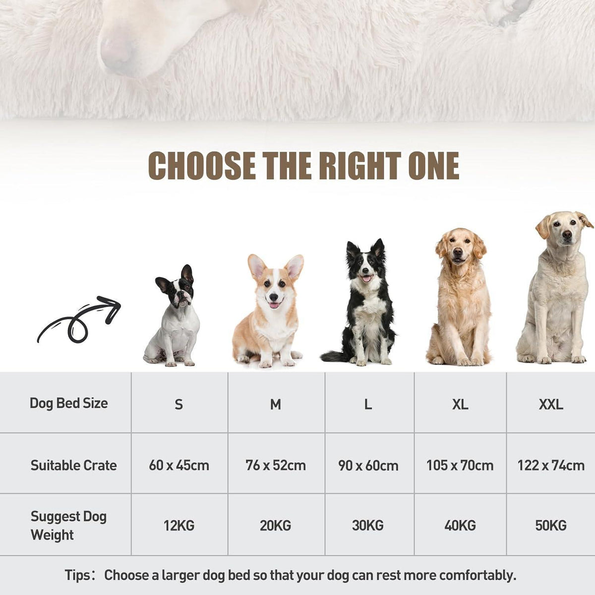 Waschbares Hundebett für große Hunde, Plüsch, 90x60cm, Khaki