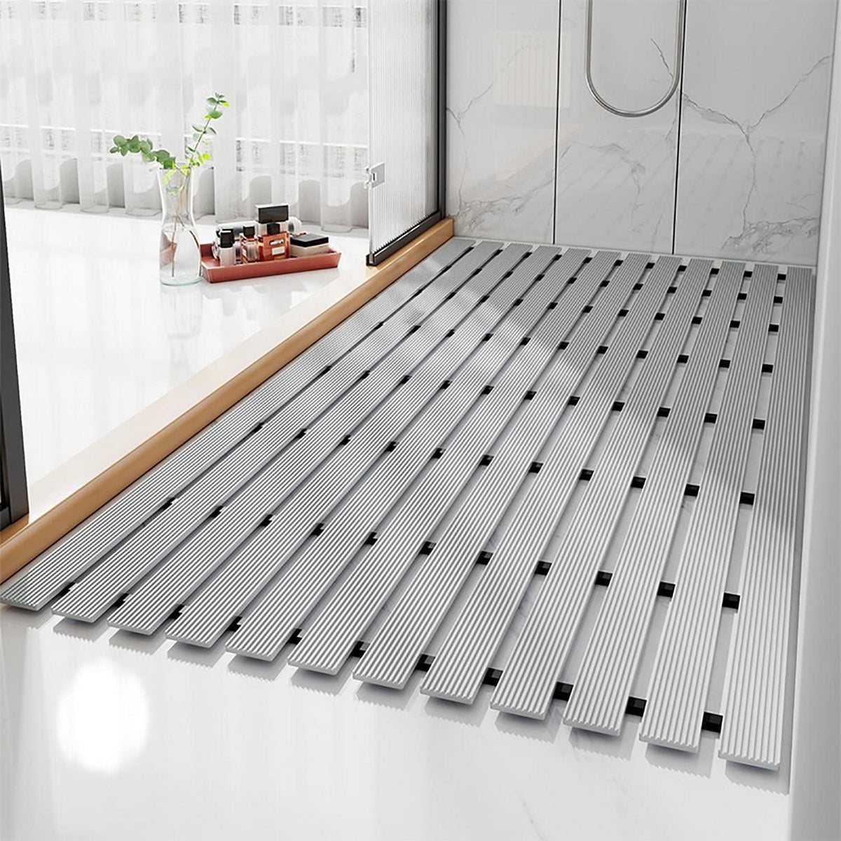 Rutschfeste Duschmatte 122x61 cm – Grau, Entwässerung mit Haken