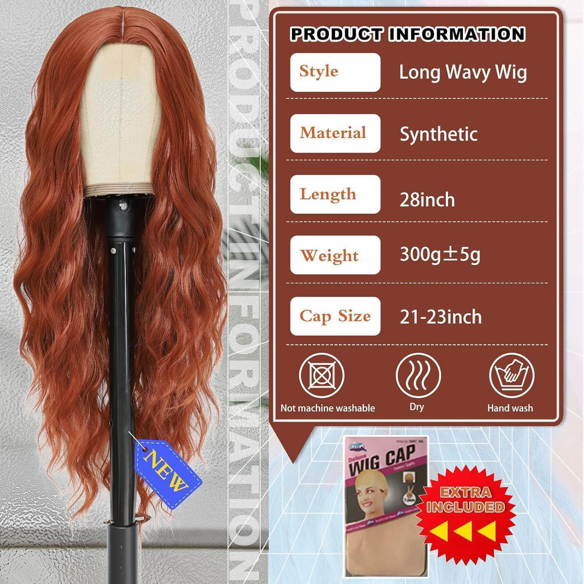 28 Zoll Auburn Perücke – Lange, Wellige, Synthetische Perücke