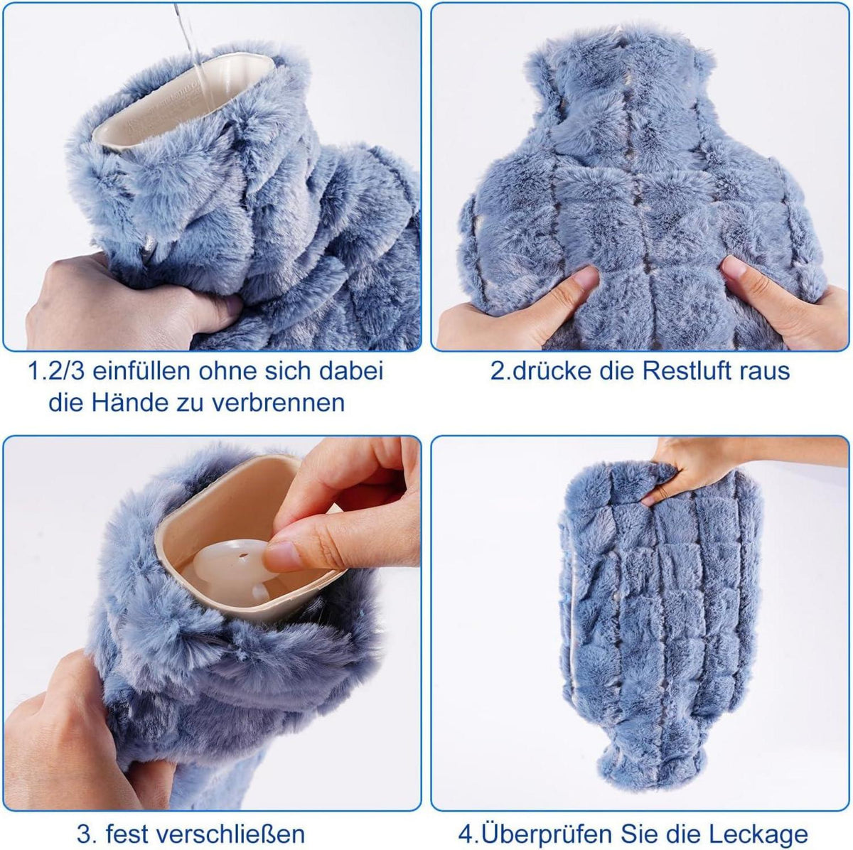 Wärmflasche mit Kunstfell Bezug Tasche 2L Gummi Blau
