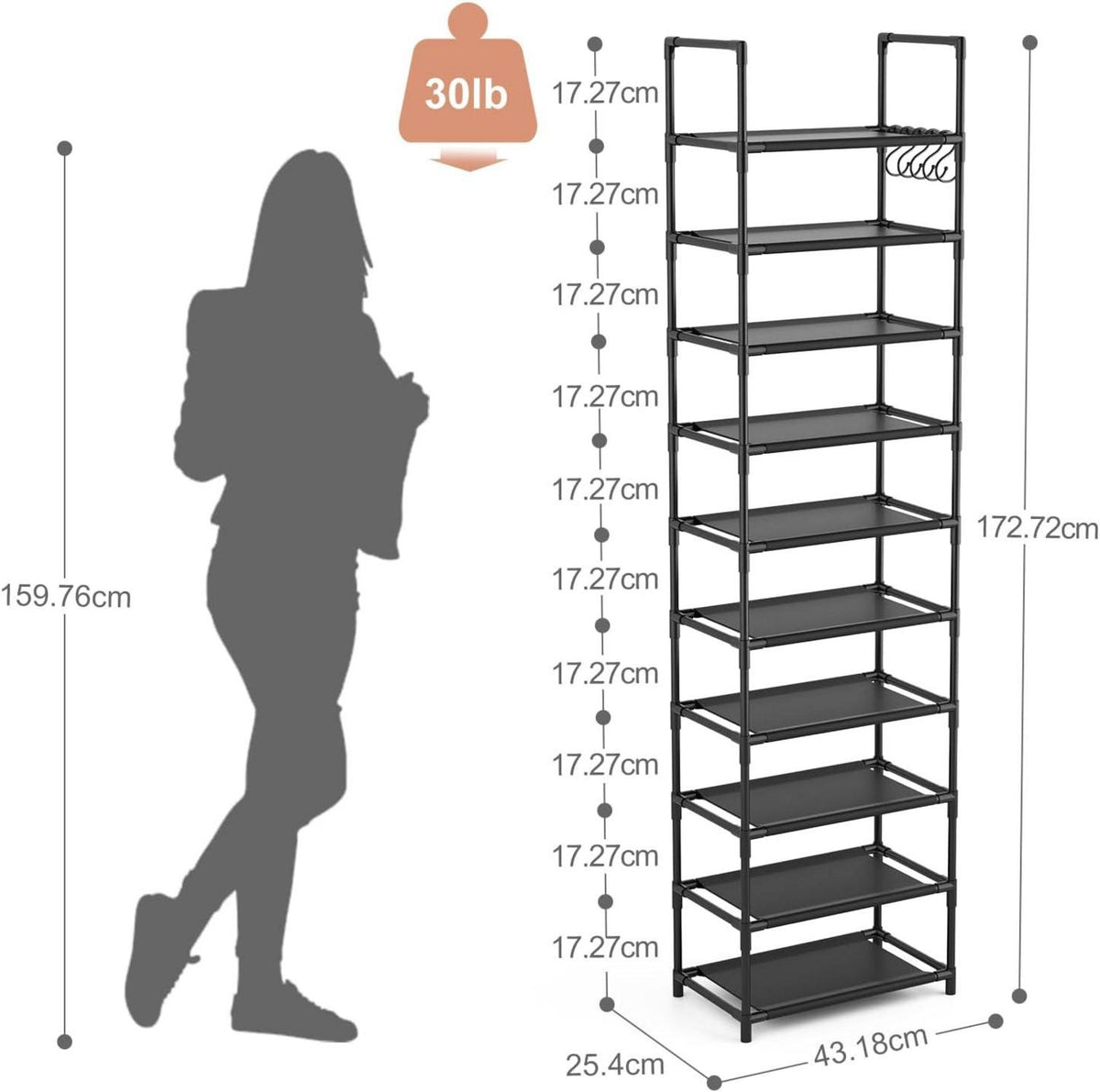 Schuhregal mit 10 Ebenen für 20-25 Paar Schuhe, offener Schuhschrank