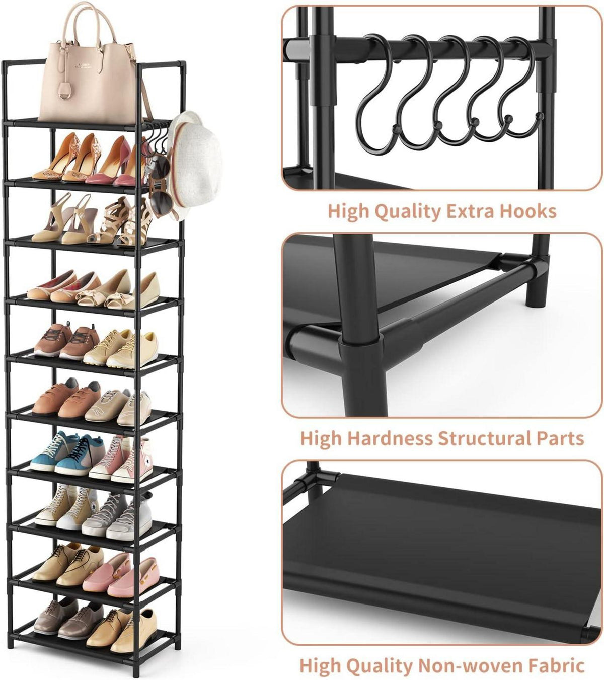 Vicye Schuhregal mit 10 Ebenen, Schuh-Organizer für 20-25 Paar Schuhe, offener Schuhschrank hoch, Schuhständer