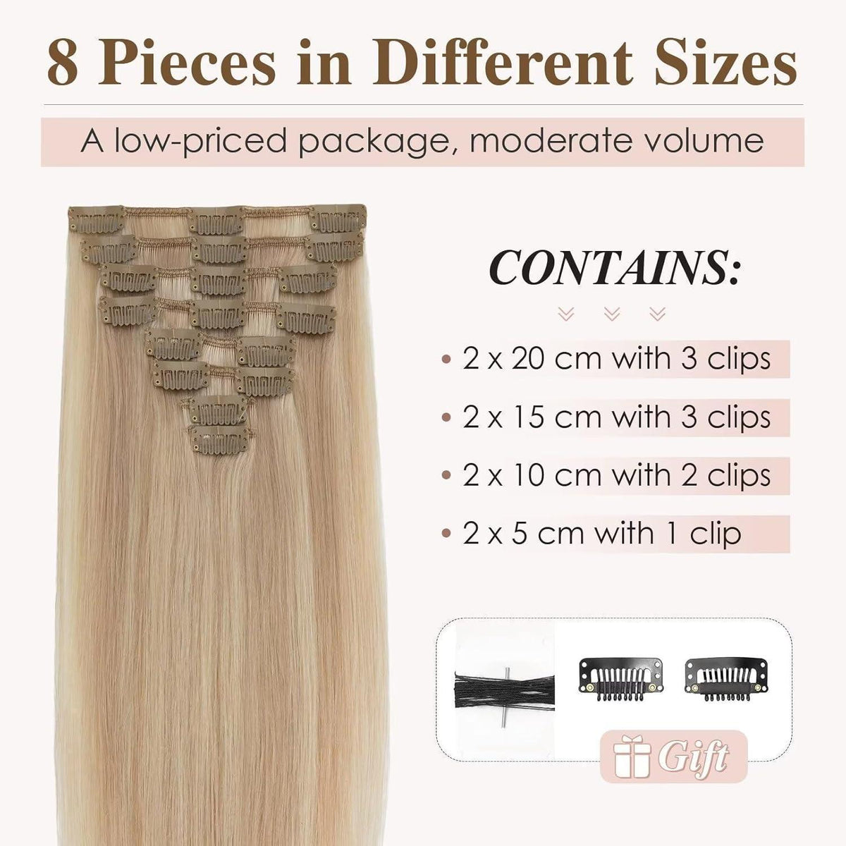 Echthaar Clip-In Extensions Hellblond/Goldblond Balayage 50cm