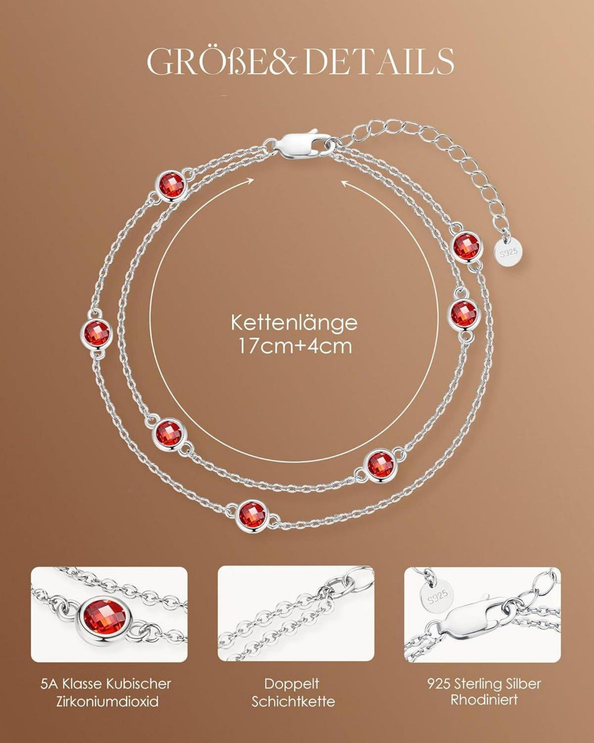 Armband Damen 925 Sterling Silber Layered Geburtsstein Anhänger Doppelt Kette